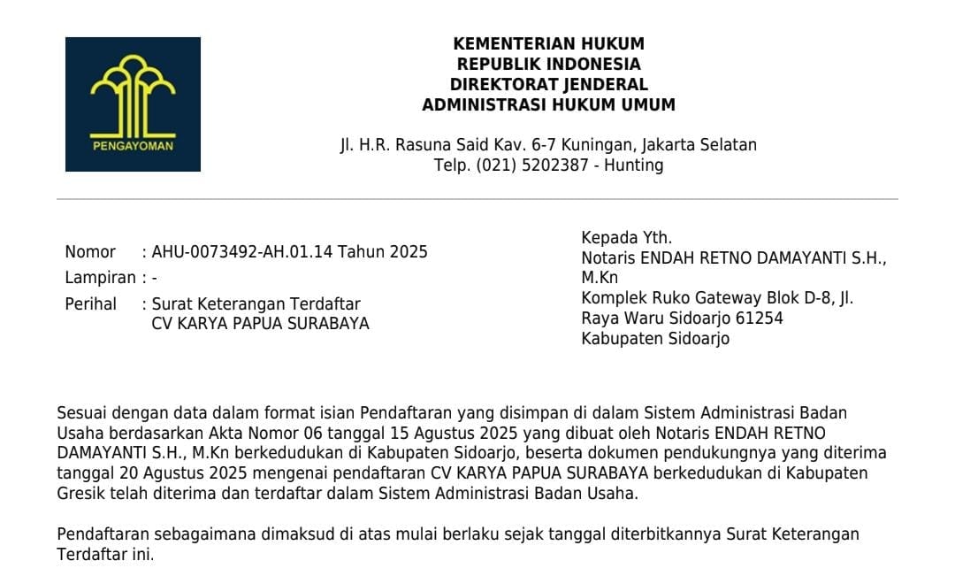 Surat Keterangan Terdaftar CV Karya Papua Surabaya - AHU-0073492-AH.01.14 Tahun 2025 - Kementerian Hukum Republik Indonesia - Direktorat Jenderal Administrasi Hukum Umum